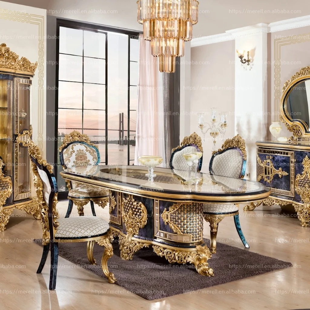 Grand Villa Royal Carved Wooden furniture  Baroque style European dining room table and chairs