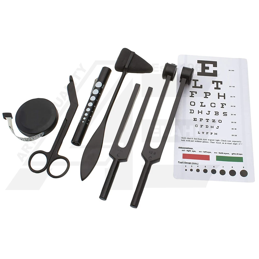 Set of 7 pcs Tactical Black Diagnostic Reflex Percussion Kit Taylor Hammer Body Measuring Tape Tuning Fork Set Bandage Scissors