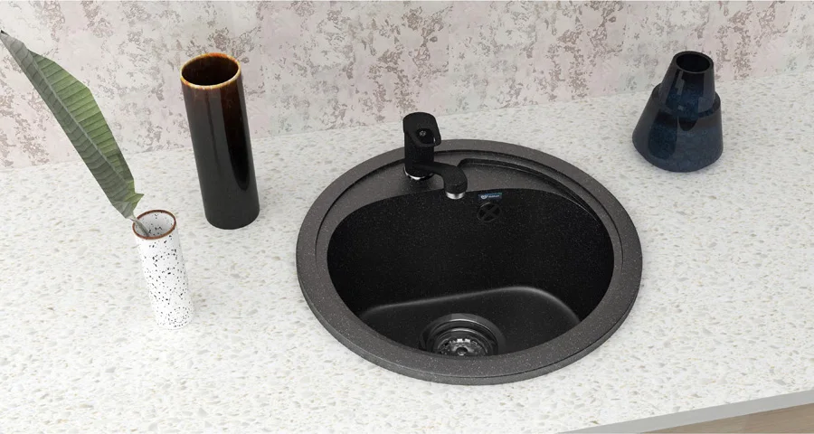Round kitchen sink ULGRAN U-500 with mixer tap hole, sink single bowl round composite stone 12 colors