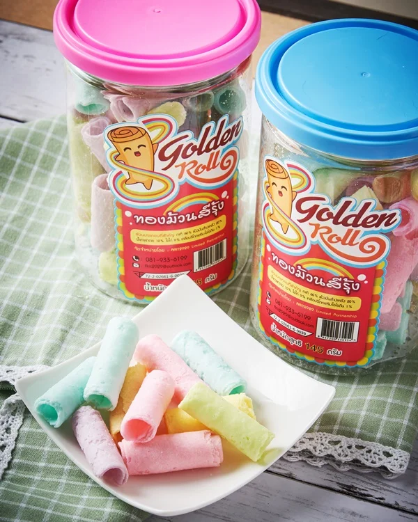 Free Sample  Wholesale Thailand Snack Rainbow Coconut Fruit Crispy Rolls by Golden Roll