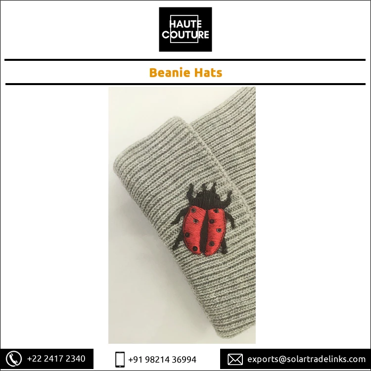 Unisex 23 cm x 20 cm Winter Season Knitted Beanie Hat Hand Embroidered Beetle Design for Outdoor & Daily Use for Adults