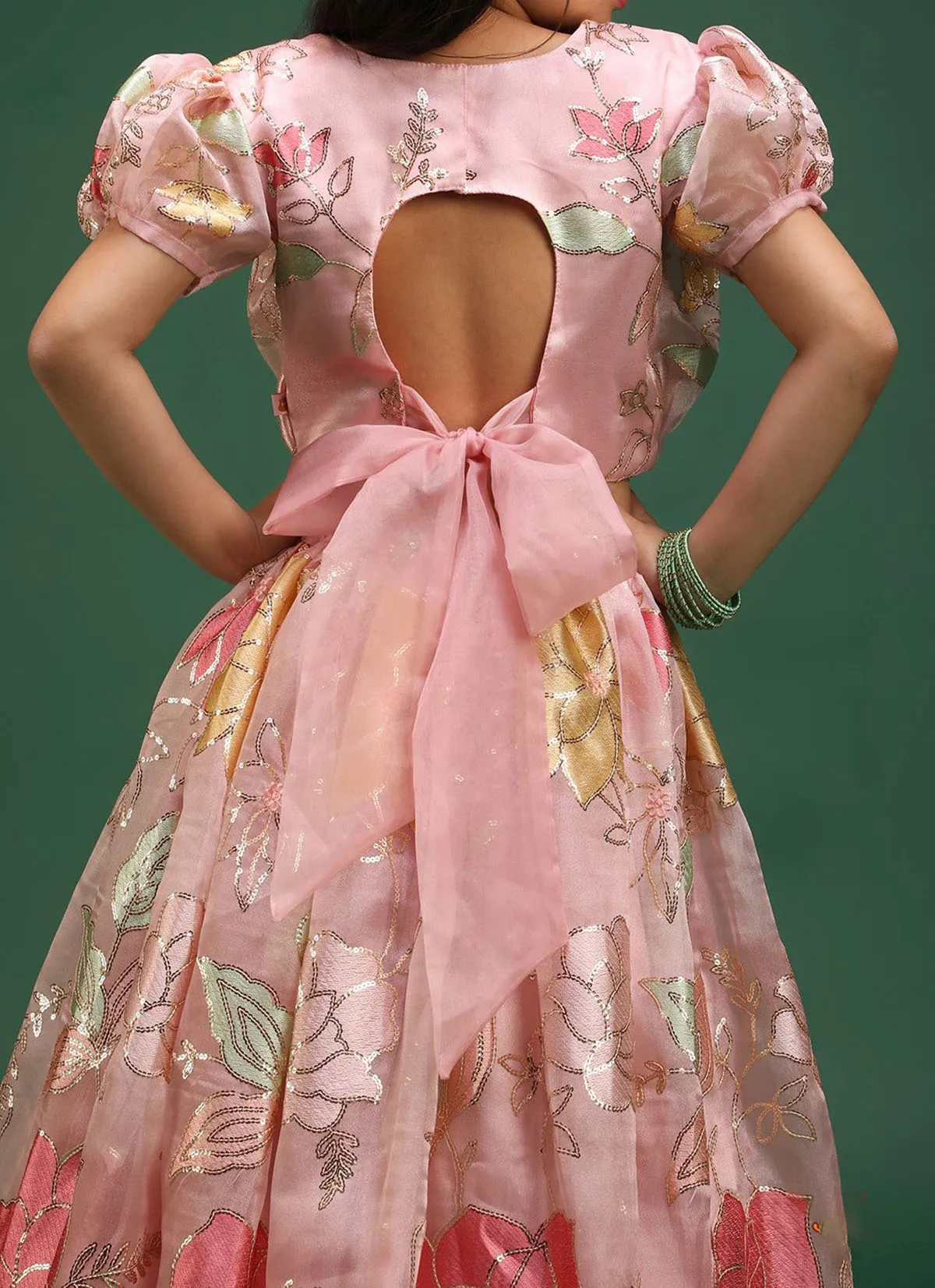 New Stylish Design Pleated Girls Kids Wear Sequin Thread Work Unique style Blouse Lehenga V neck Organza Satin And Shantoon