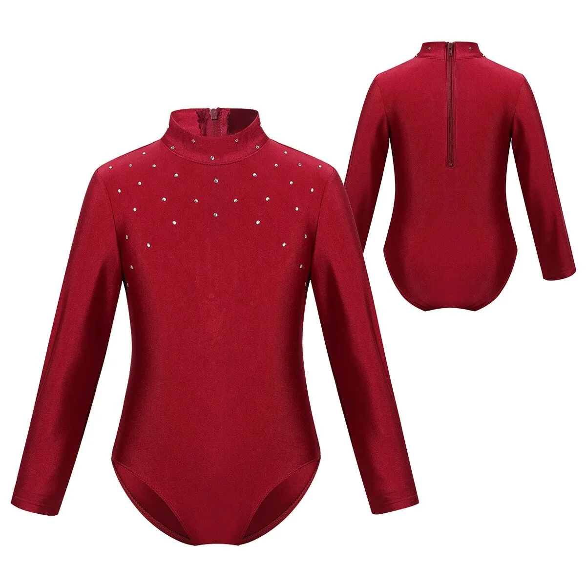 Kids Long Sleeves Rhinestones Gymnastics Leotard  Figure Skating Dress Girls Ballet Dancewear Stage Performance Costume