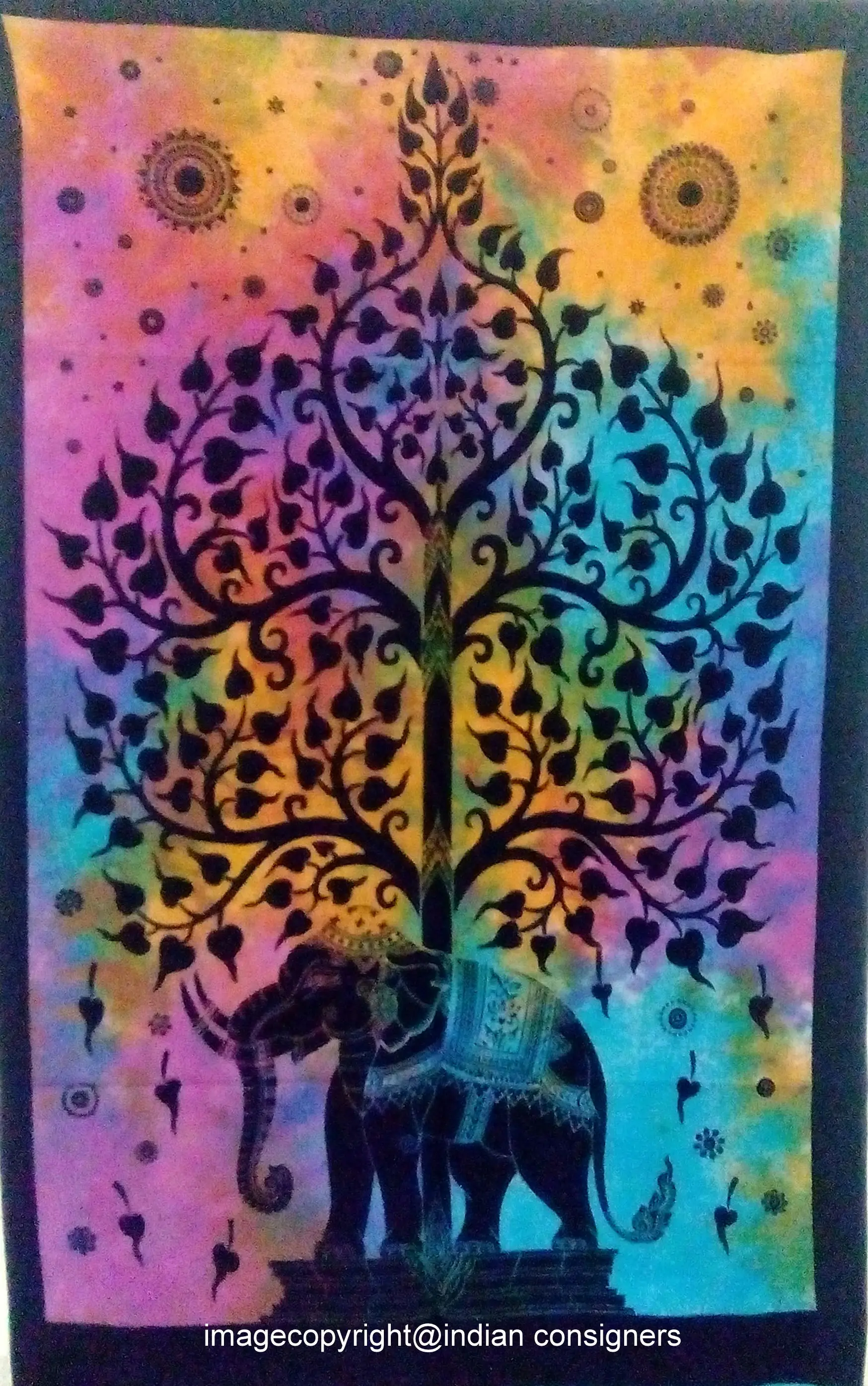Wall Hanging Multi Cotton Fabric Throw Beautiful Multiple Color Elephant Tree Small Tapestry Poster