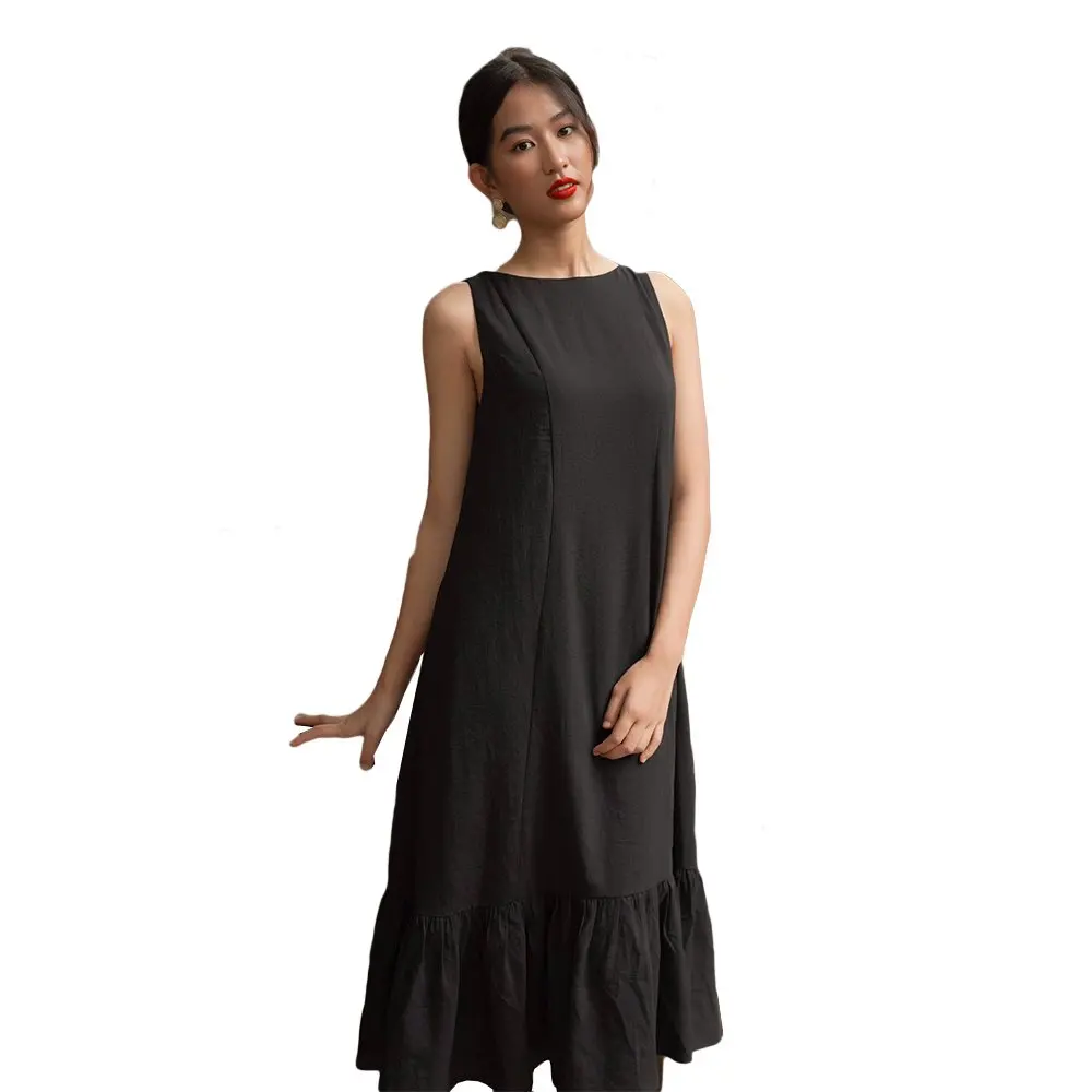 Vietnam OEM Garments Casual Dresses Women Lady Elegant Dress O - Neck Sleeveless Cotton Poly blend Casual  Ruffles Bottom