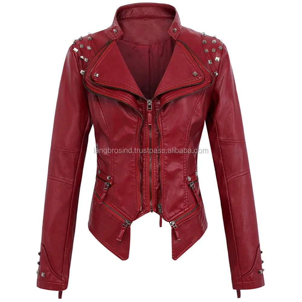  Женская модная Байкерская красная куртка из натуральной кожи с шипами