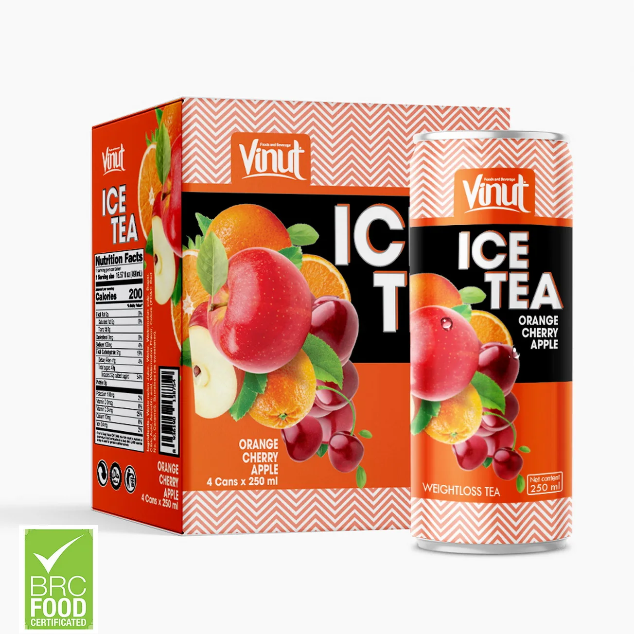 
12 fl oz Sparkling water VINUT 4 Cans Ice Tea Orange Apple Cherry Juice Exporters Low-Carb Free Sample Free Label New Packing 