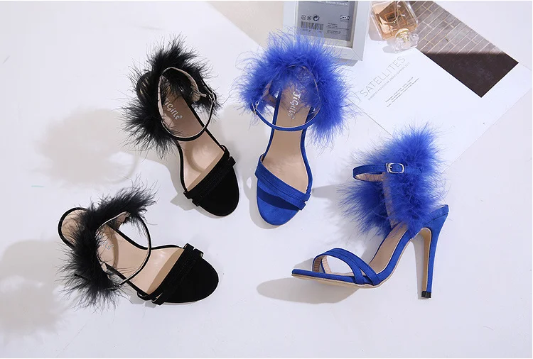 Latest fashion women shoes fluffy stiletto heels ankle strap sandals round Toe sexy Ladies shoes Summer wholesale high heels
