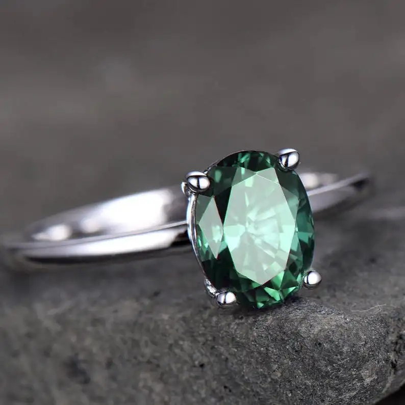 Alexandrite Ring Plain Gold Band 6x8mm Oval Color Changing Gemstone Engagement Ring White Gold Plated Sterling Silver Jewelry