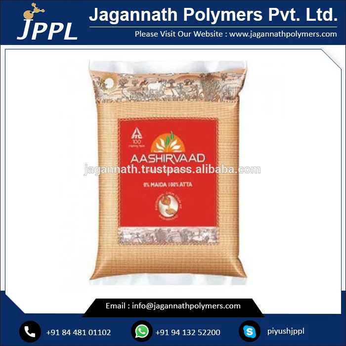 Custom Printed Rotogravure Printing 2 Layer Laminated Milky White Colour High Strength Upto 10 Kg Flour Pouches