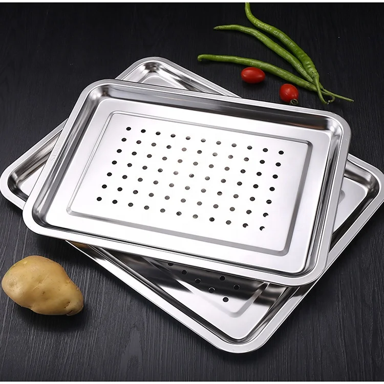 Factory Stainless Steel 304 Rectangular Shallow Plate Large Size Square Shape Plates Square Pizza Baking Pan Fish Serving Tray