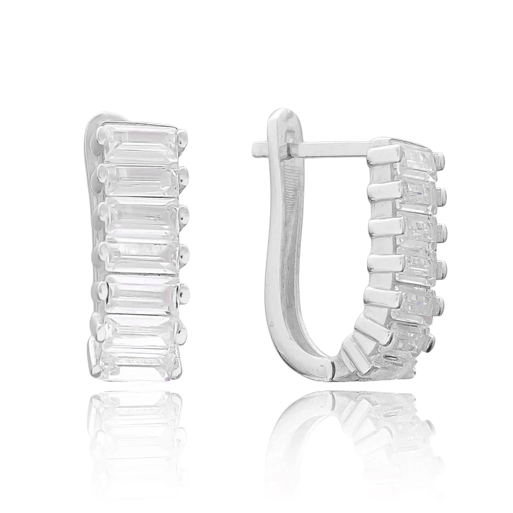 Shiny Baguette Zircon Stone LathBack Earrings Turkish Handcrafted Wholesale 925 Sterling Silver Jewelry