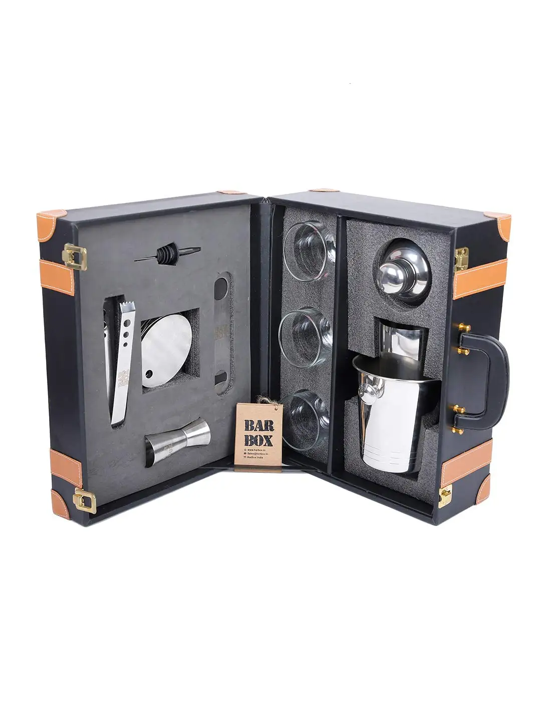 Bar Box Portable Leather Bar Set with 3 Whiskey Glass Bar Set Vintage Black