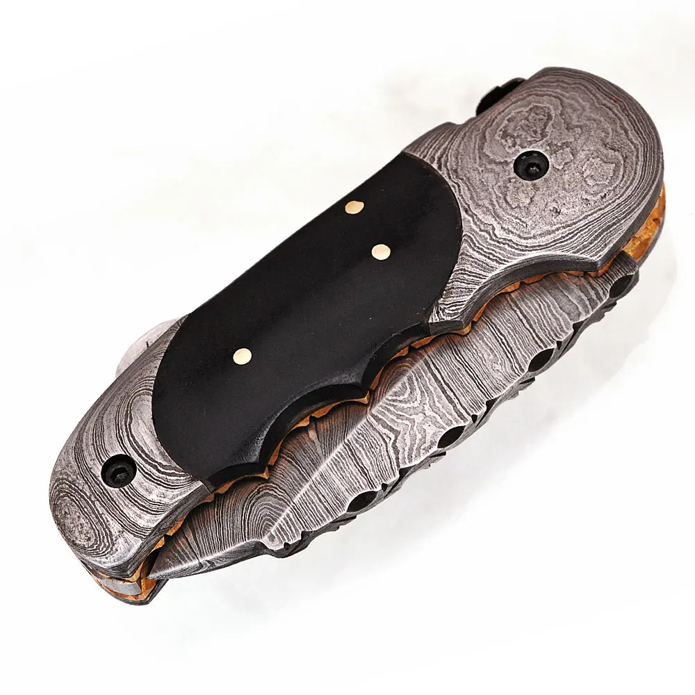 
Hand made Damascus Steel Custom Design Folding Knive/ Pocket Knife with Camel bone, Color wood and Black Buffalo Horn handle 
