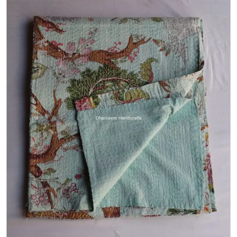 Новое Хлопковое одеяло Kantha ручной работы в индийском стиле небесно-голубого цвета с цветочным принтом красивое домашнее украшение оптом покрывало