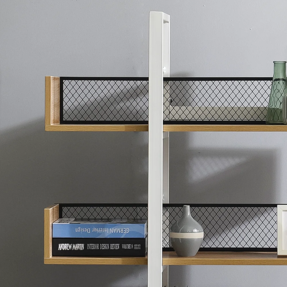 Industrial Wood Wooden Metal Display and storage square White frame 5 tiers back mesh leaning  bookshelf