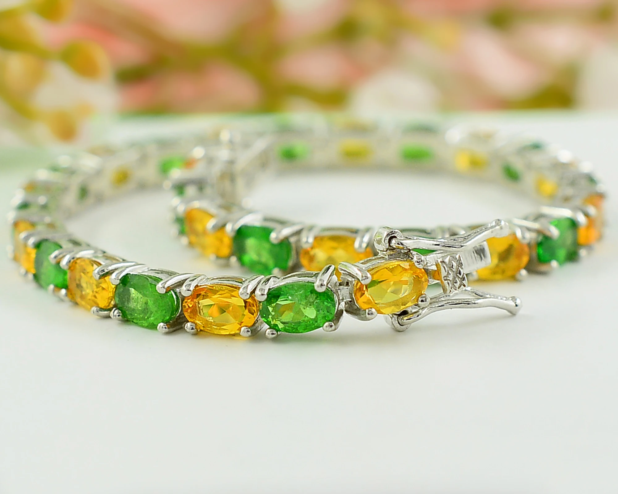 Натуральный 4X6 мм Tsavorite зеленый гранат и мексиканский огненный опал стиль тенниса 925 твердый Серебряный браслет для женщин оптовик из Индии