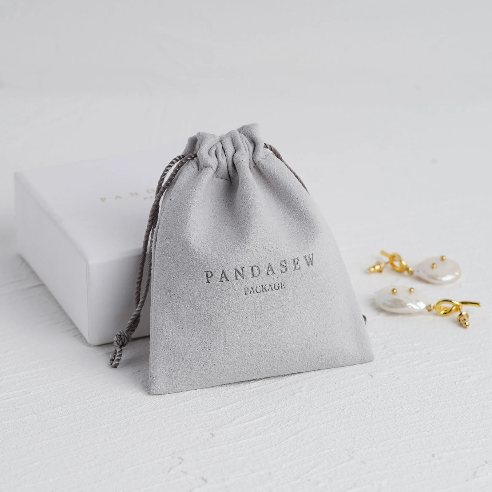 PandaSew Custom Logo Luxury Gray Microfiber Drawstring Bag Gift Packaging Jewelry Pouch