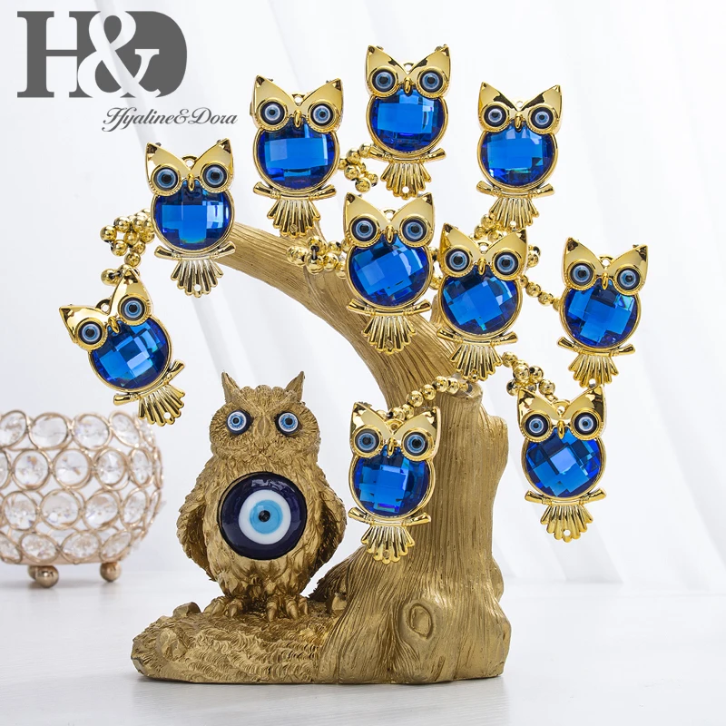 H&D Turkish Blue Evil Eye Owl Figurines Gold Lucky Tree of Life Statue Home Decor Ornaments