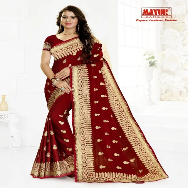 
Сари Mayur, новинка, крепкий жоржет красного цвета с вышивкой, сари с камнями 