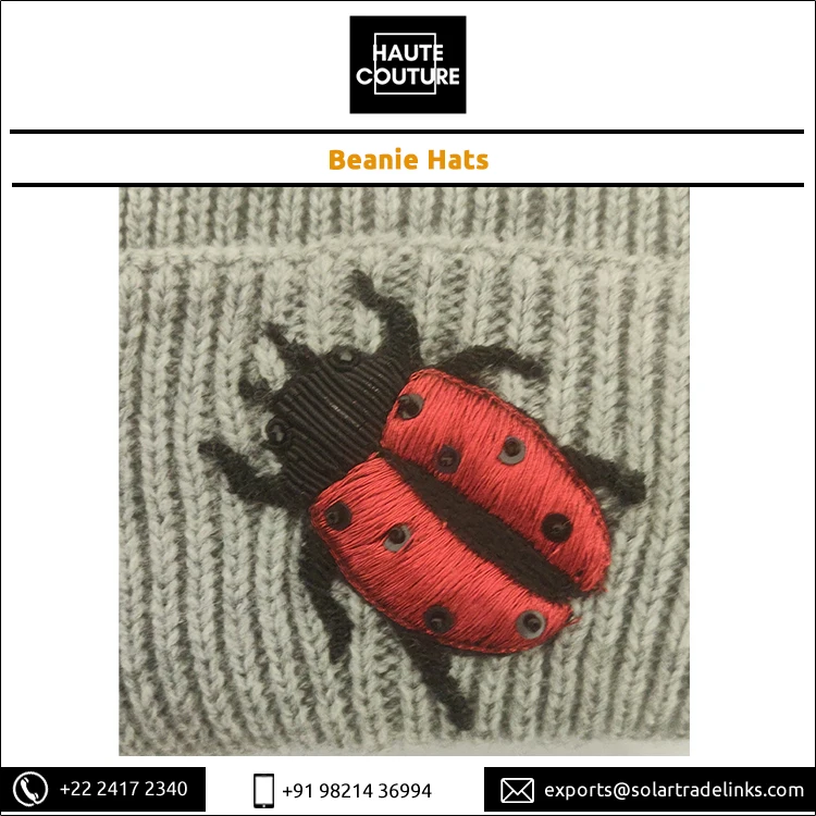 Unisex 23 cm x 20 cm Winter Season Knitted Beanie Hat Hand Embroidered Beetle Design for Outdoor & Daily Use for Adults