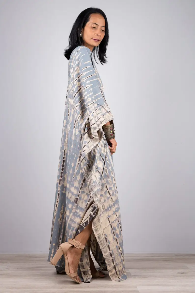 2022 New Arrival Summer Women Clothing Kaftan Manufacturers India Long Sleeve V-neck Tie Dye Kaftan Beach Clothing kaftan dress