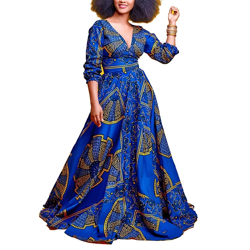 High Quality Deep V Neck Long Sleeves African Wax Print High Waist Maxi Long Dresses For Women