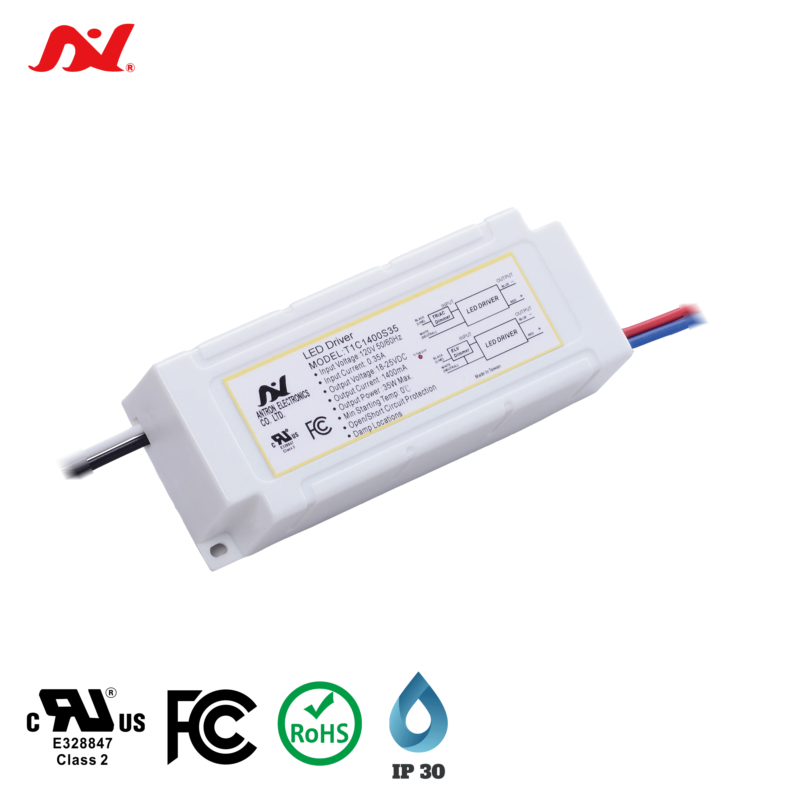 35W Small Triac Dimmer LED Driver 120Vac IP30 UL