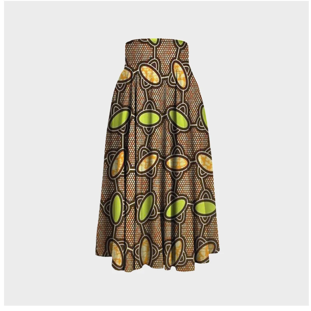 
Rapheeze Floor Length Green and Golden Oval Wax Print Maxi Skirt 