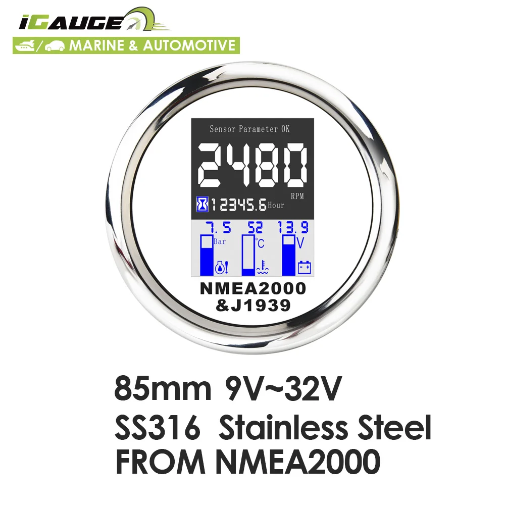 85mm White Face NMEA2000 LCD Digital Marine Multifunction Engine Gauge