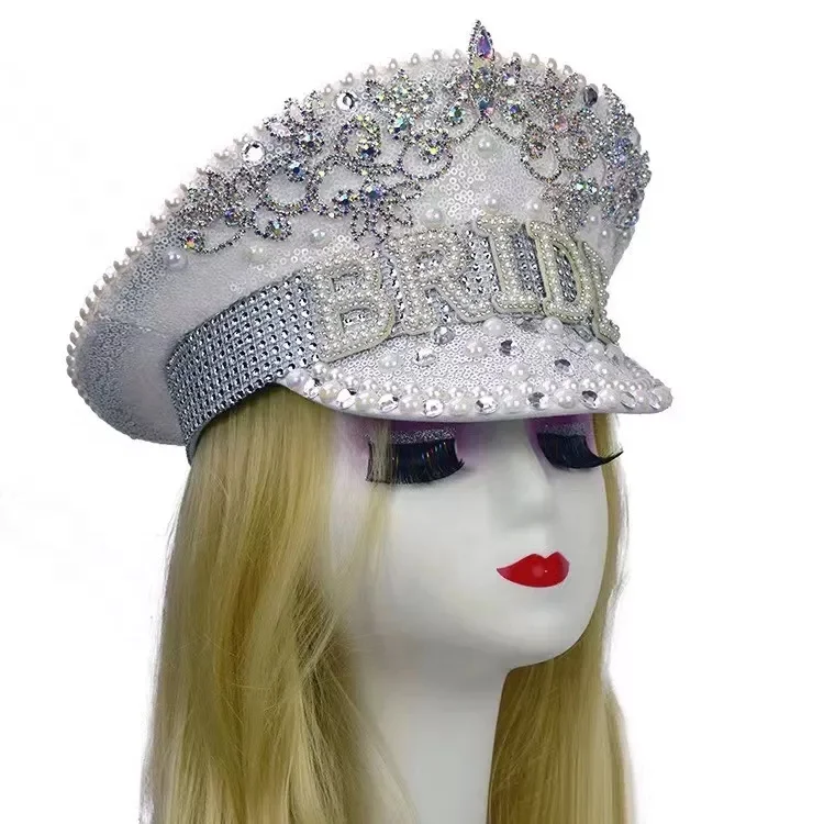 High Quality Bridal Military Hat Iridescent Silver Bachelorette Party Bride Captain