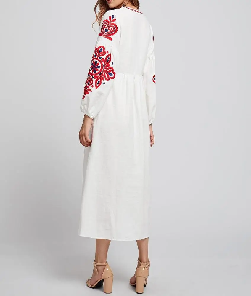 Women Long Ukrainian Dress Embroidered Loose Drawstring Robe Ethnic Ukraine Dress Dubai Ethnic Style Casual High Waist Dress