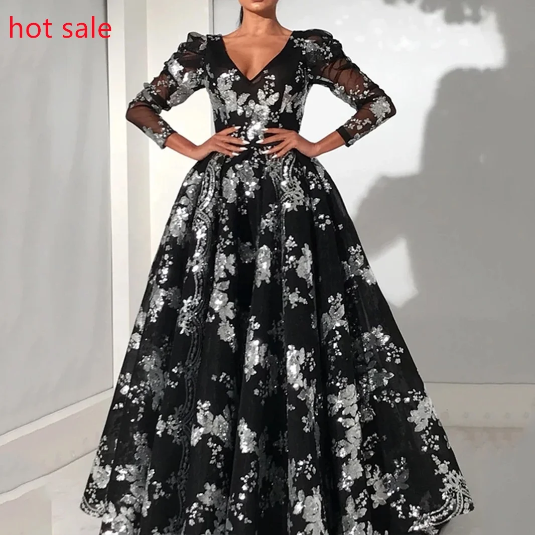 2022 Fashion Autumn Stamping Casual V-neck Long Sleeve Lady Party Evening Big Swing Women Retro Cocktail Dresses