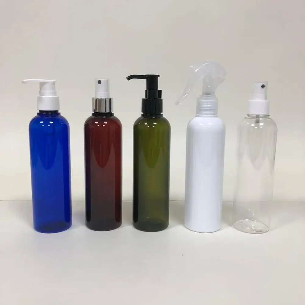 amber plastic PETG round bottle with white pump