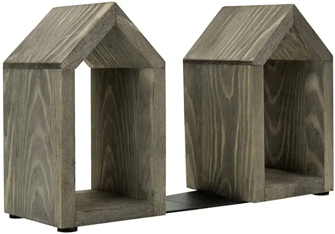 SINORHEMA Vintage Gray Wood and Black Metal Decorative House-Shaped Design Book Ends  Book File Magazine Solid Wood Bookstand