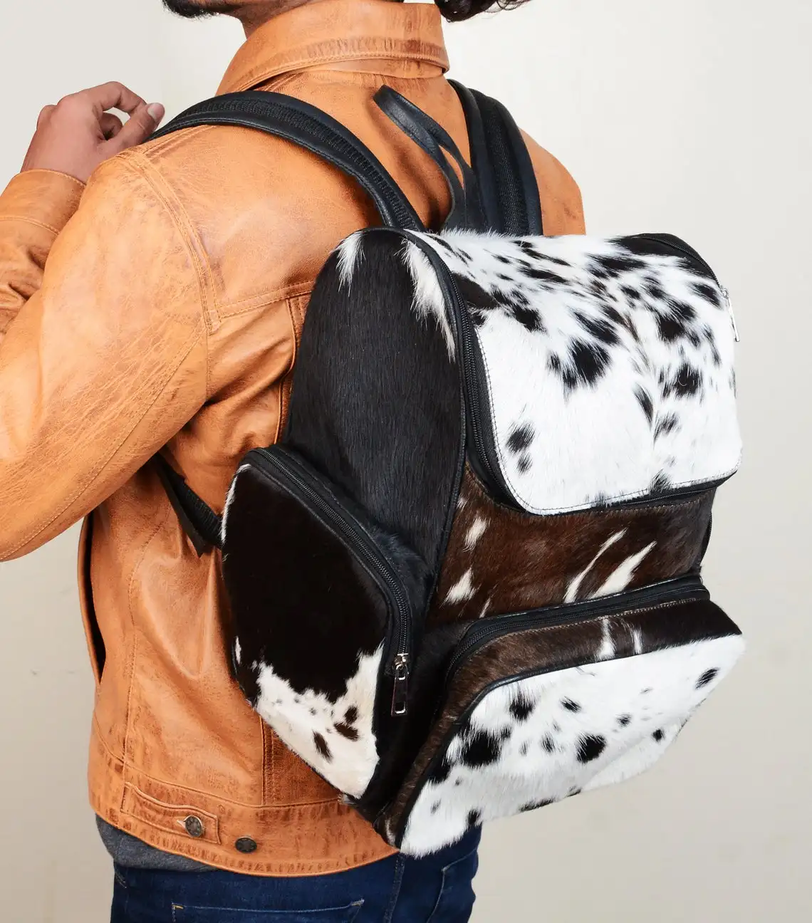  Рюкзак из воловьей кожи коричневая и белая дорожная сумка через плечо с мехом пони