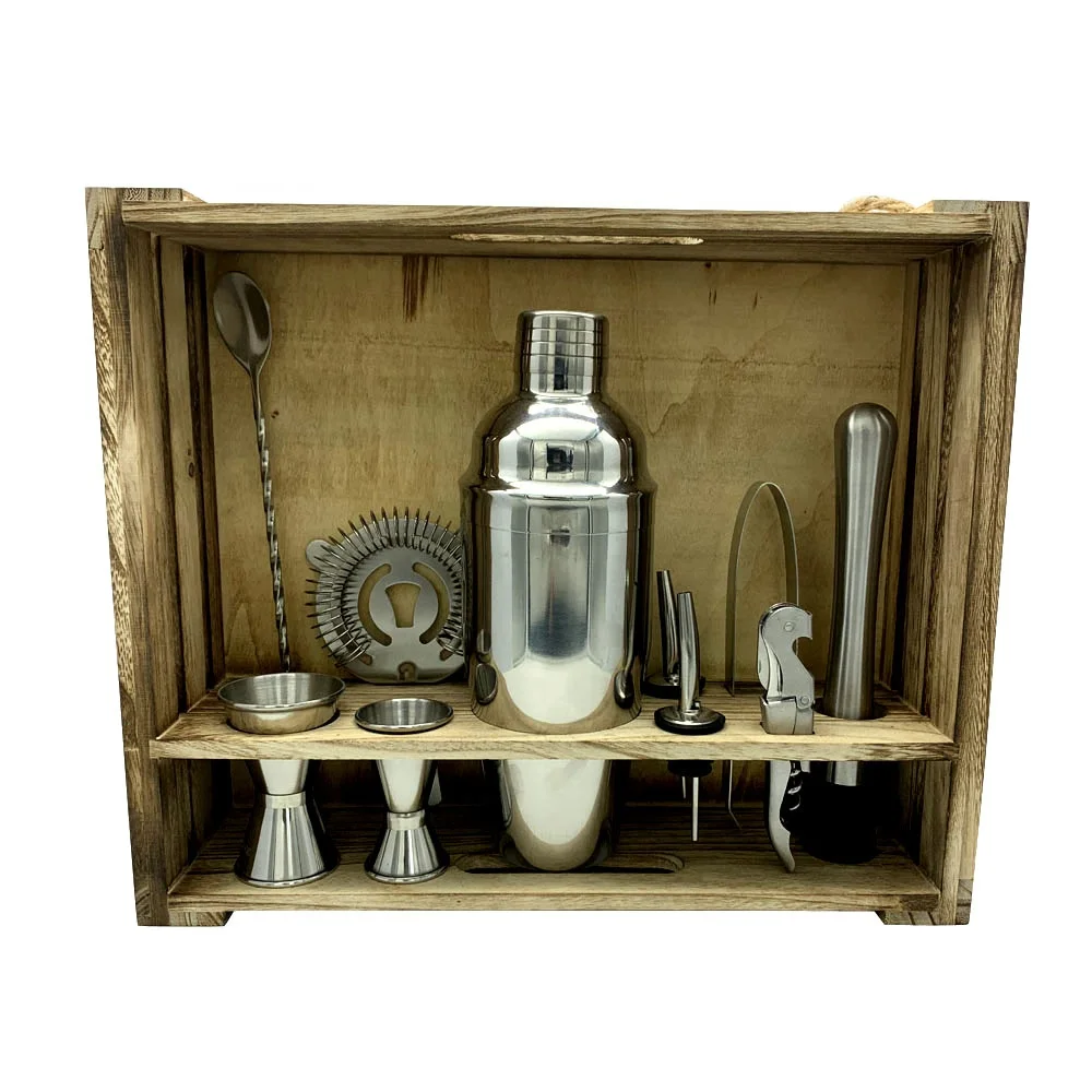 
Amazon Hot Sell Patent 11 pcs Home Bar Food Grade Rustic Wood Rack Stand Mixology Stainless Steel Cocktail Shaker set 