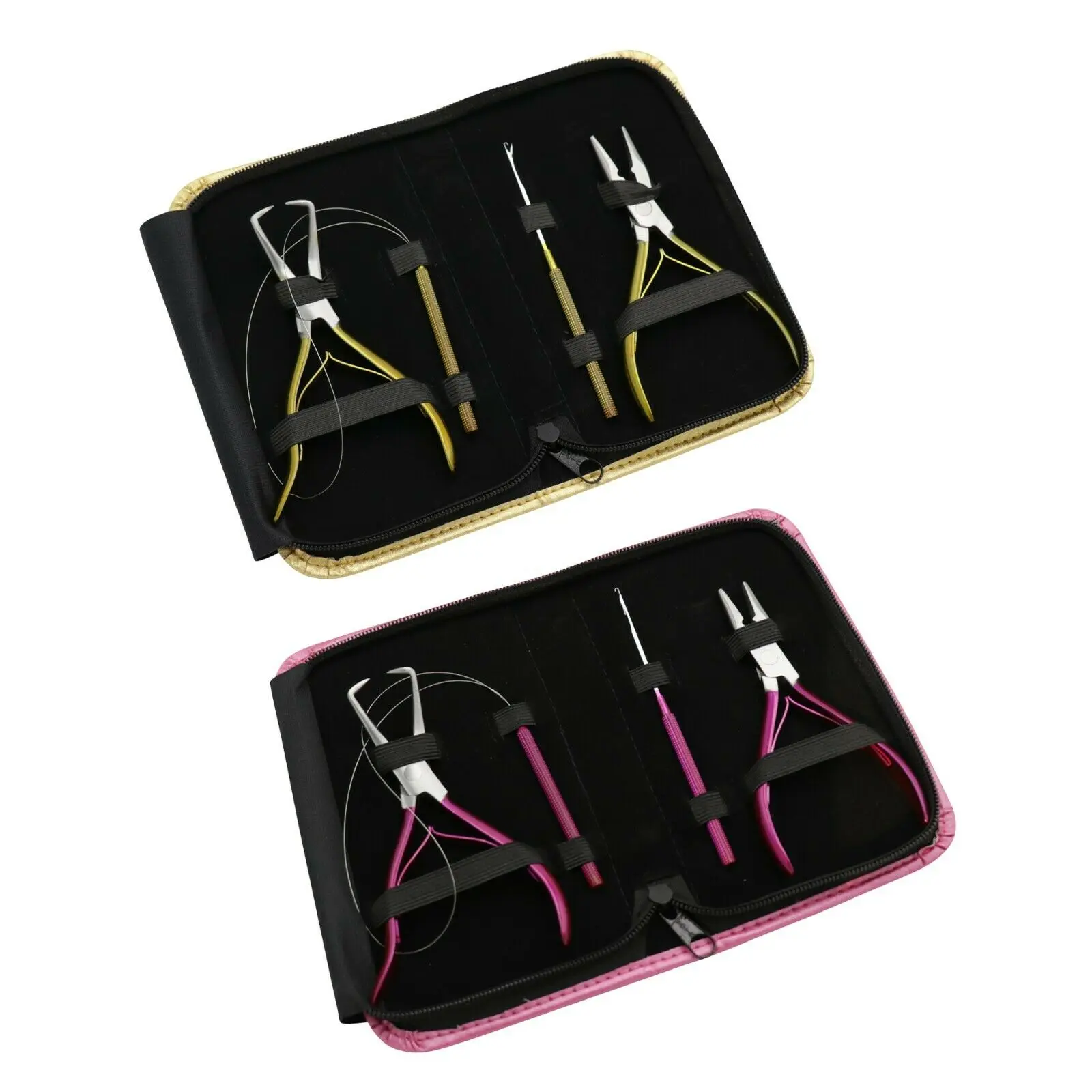 Black Gold Hair Extension Salon Tools Kit Small Scissor Loop Tools Small Snap Clips and C Needles Case Set stainless steel