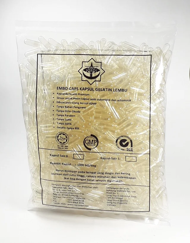 
PREMIUM QUALITY EMPTY GELATIN CAPSULE BOVINE SIZE 0 CLEAR FIT 500MG powder 