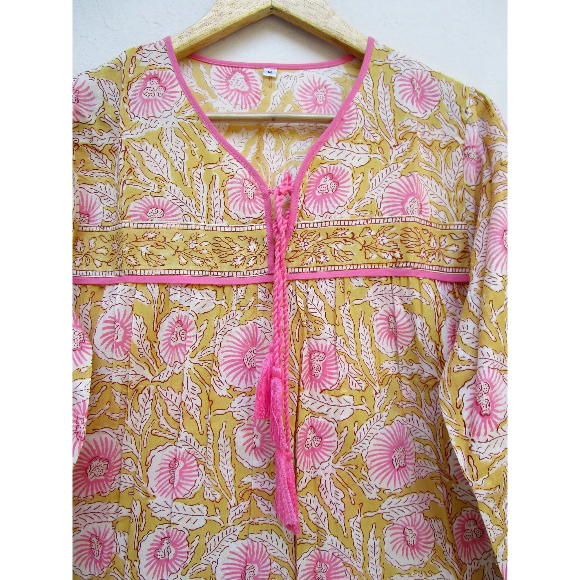 Beautiful blossom sunflower cotton women tops and blouse - v neckline with tassel blouse and tops