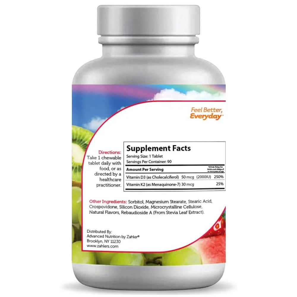 
Zahler Junior D3 & K2 Great Tasting Chewable D3 with K2 Supplement Certified Kosher 90 Chewable Tablets 