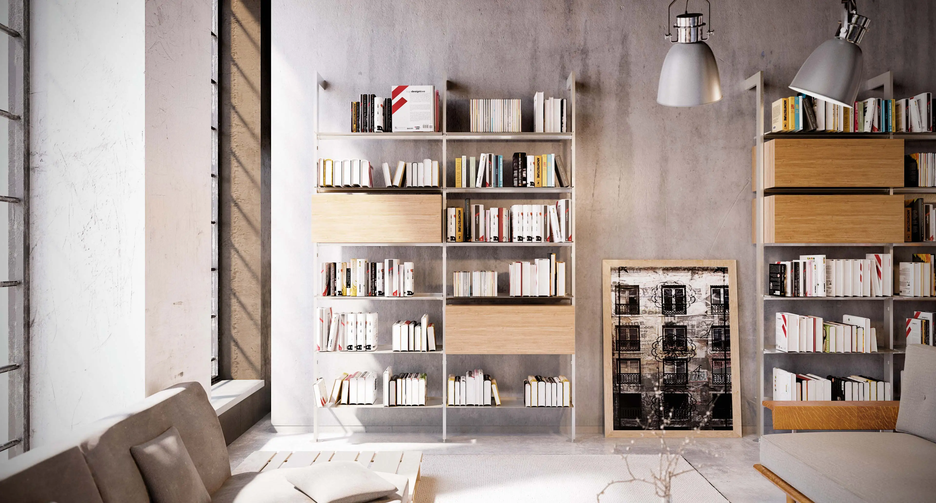 Top quality black H 238 L 240 cm wall-mounted bookcase with metal or wooden shelves for office