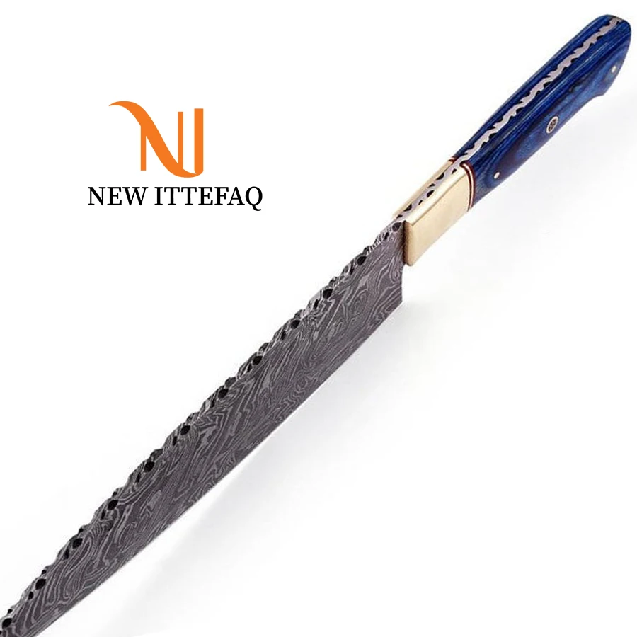 
Damascus Chef Knife | Damascus Steel Chef Kitchen Knife 13 inches Custom HANDMADE Fixed Blade Pakka Wood Brass Bolster Handle 