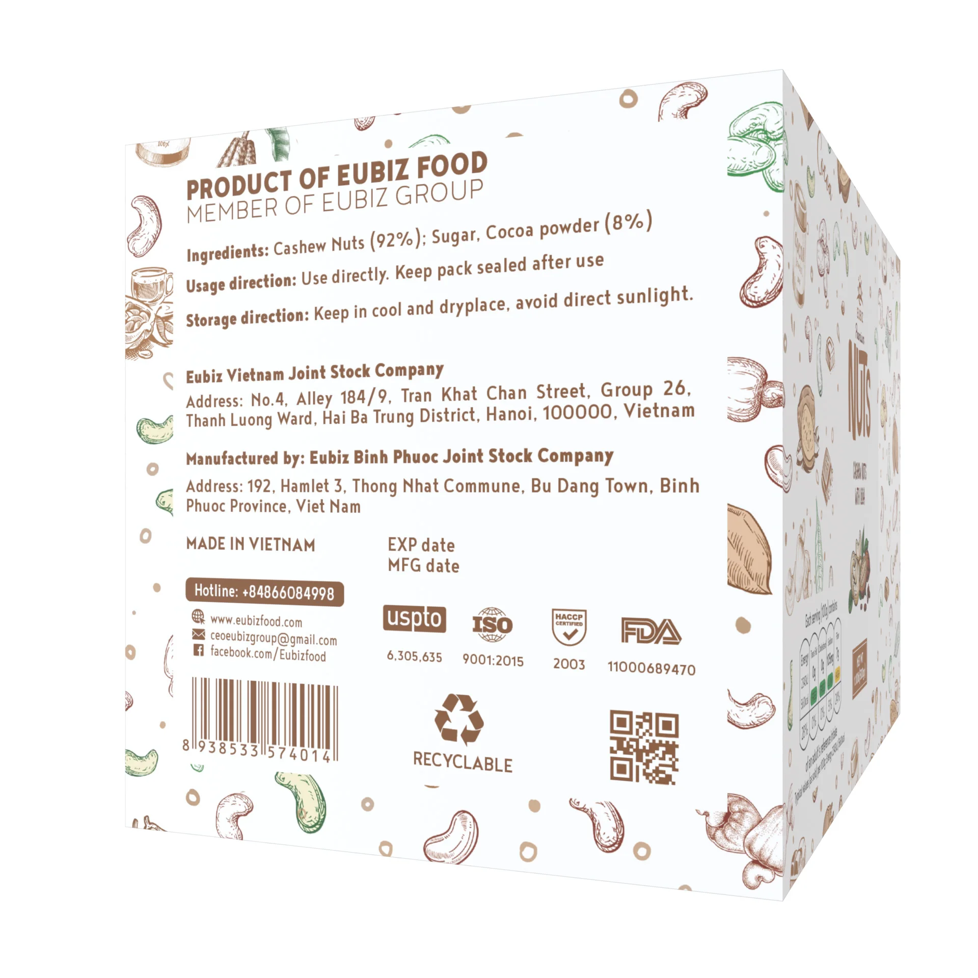 Eubiz орехи кешью-коробка (бумага) 500 г (17 7)-обычная здоровая закуска коричневый какао кешью из Вьетнама