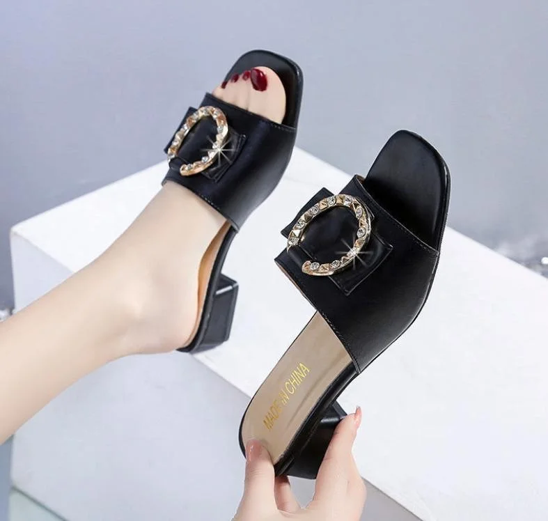 2021 fashion half circle buckle women sandals for women and ladies shoes quality pu middle heels slippers slides open toe