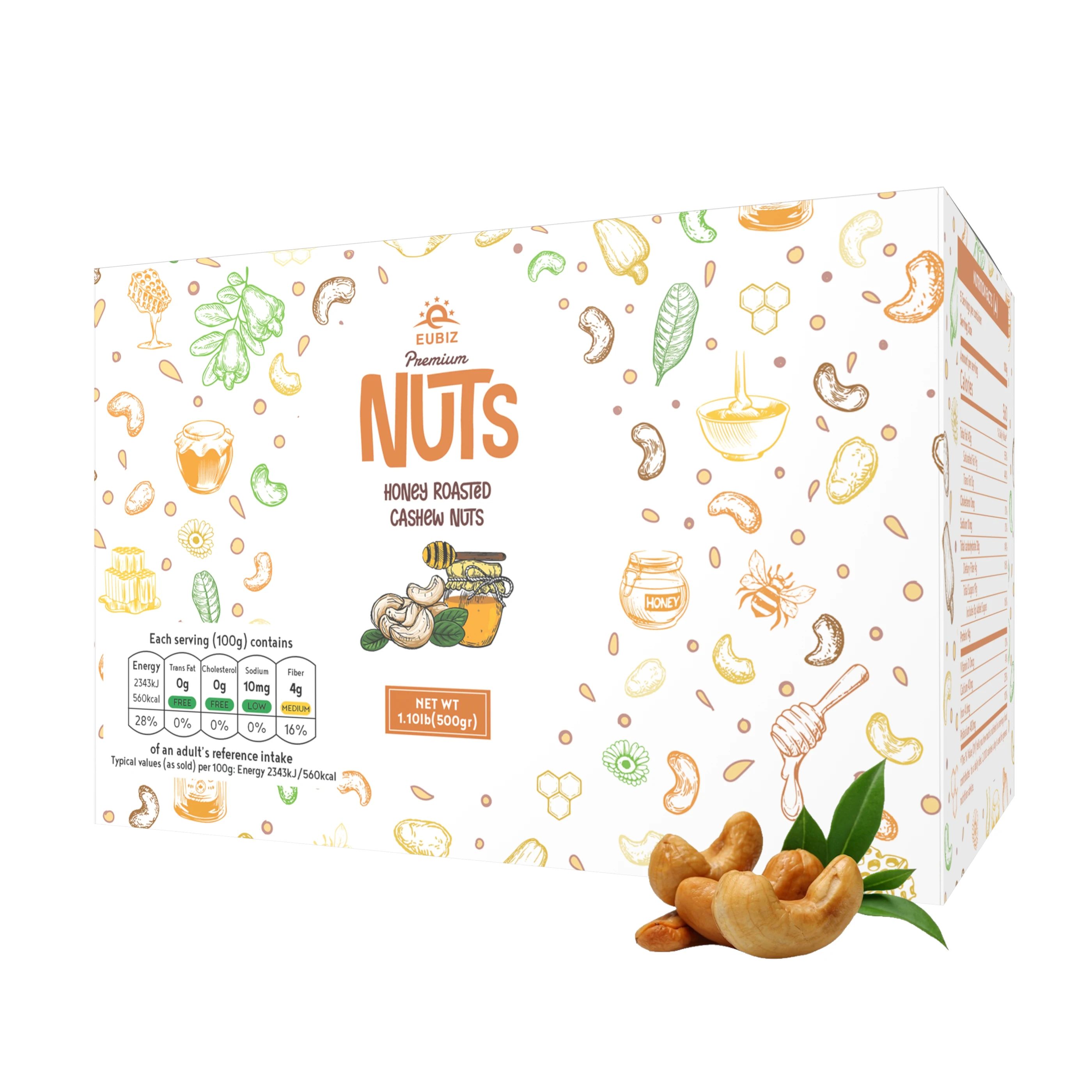 EUBIZ Cashew nuts Flavor Honey - Flavoured Cashew Nuts - No Testa Shell - Box (paper) 500g (17.7 OZ) - in VietNam