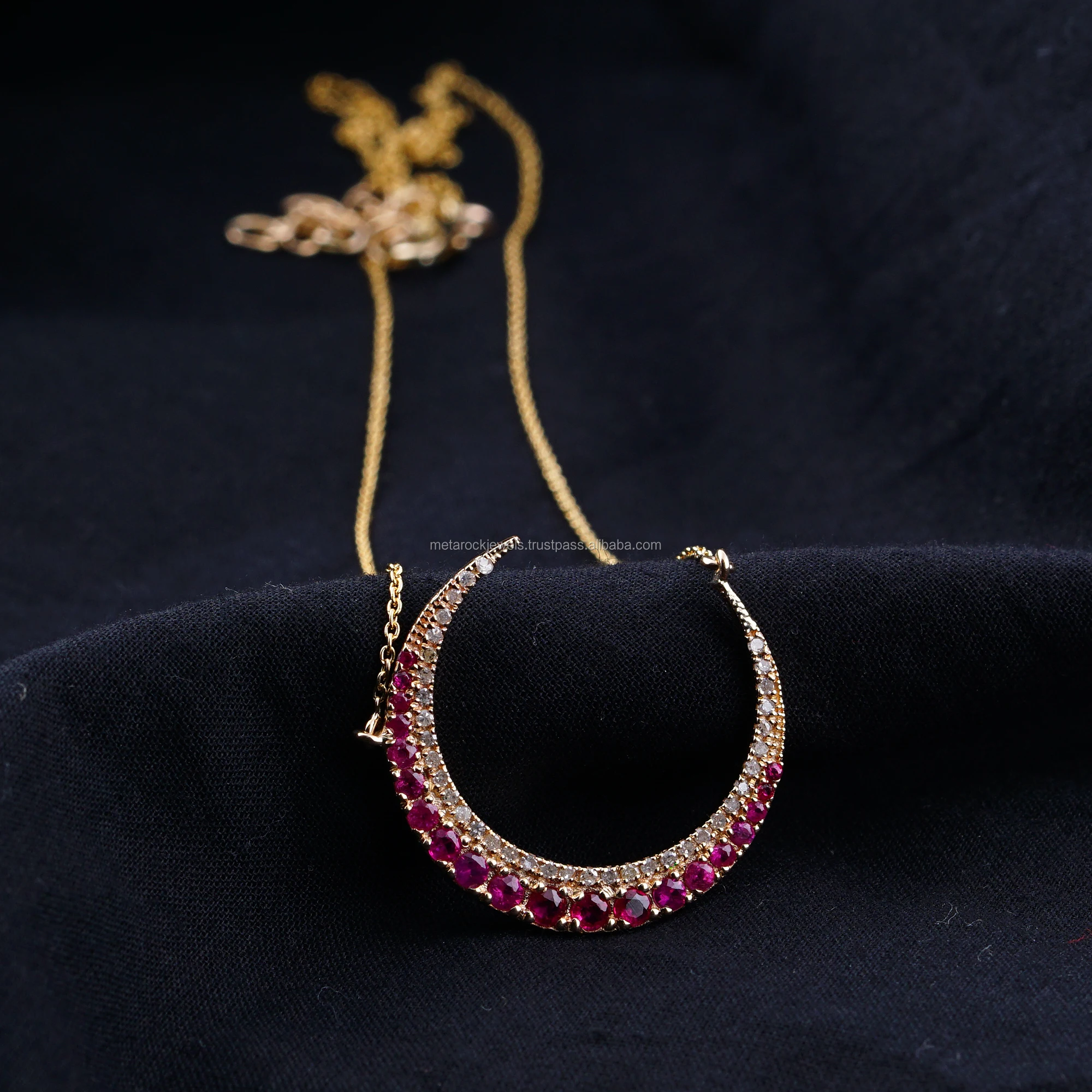Genuine Pave Diamond Ruby Crescent Moon Pendant 14k Gold Chain Necklace Fine Jewelry