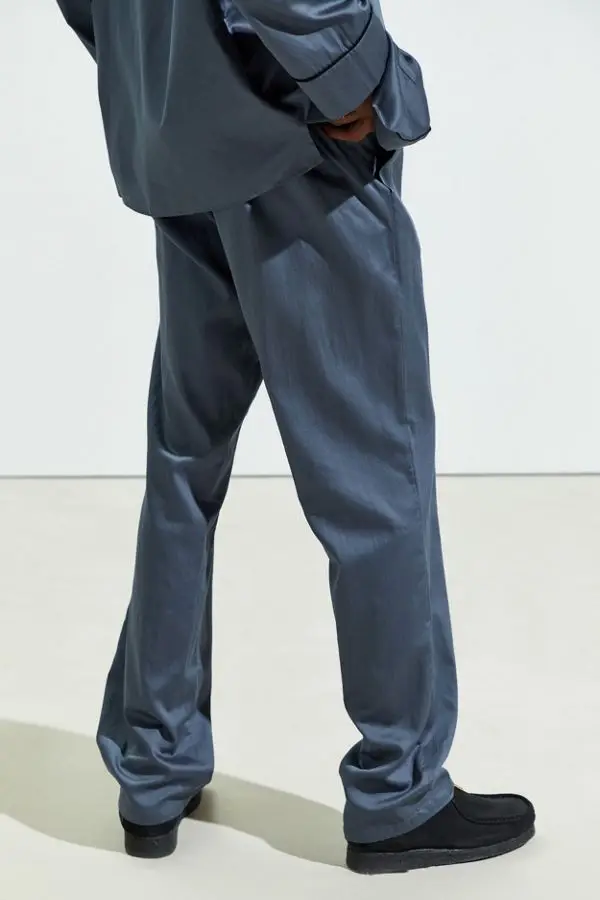 MGOO Long Sleeve And Pants Dark Blue Basic Solid Mens Satin Sleepwear Plain Blank Men Pajamas Set