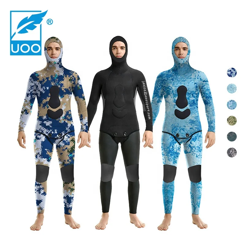 UOO Factory OEM ODM 3mm 5mm 7mm Two Pieces Long Sleeve Hooded Neoprene Spearfishing Free Diver Wetsuit