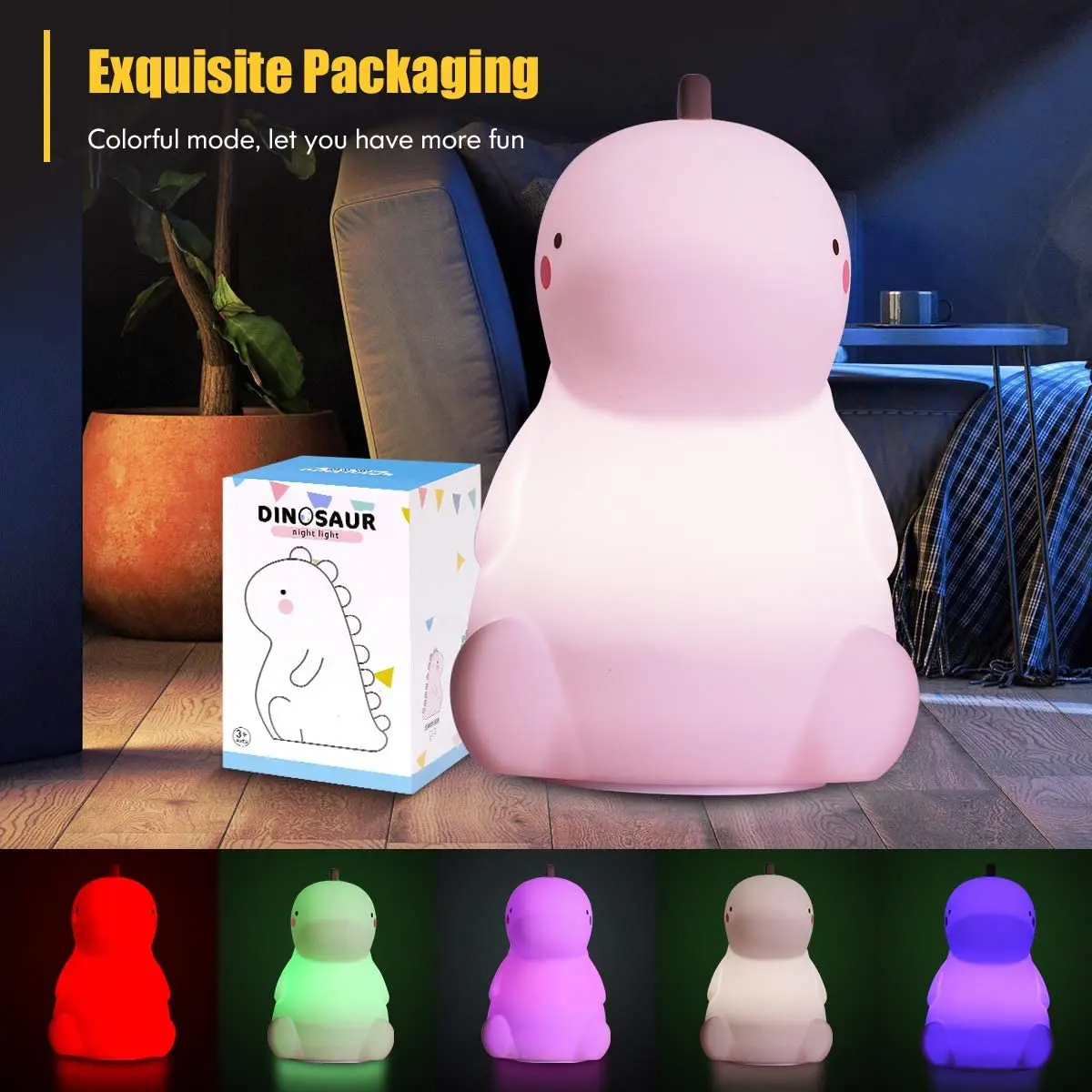 2021 Amazon New Mini Led Lamp Bedroom Children Silicone Kawaii Dinosaur Cute Night Light